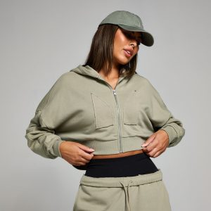 MyProtein MP geropte hoodie met rits en opgestikt motief Donkersaliegroen L